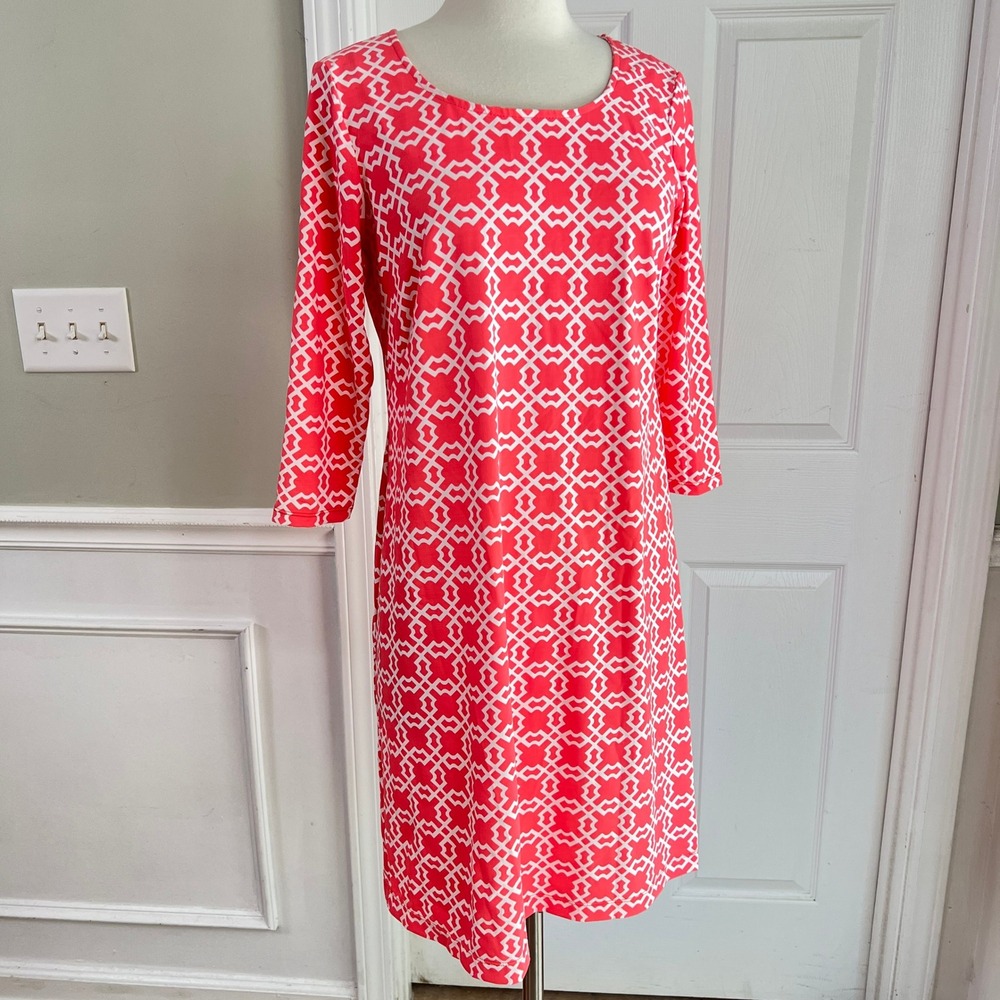 Katherine Way Shift Dress Womens Sz M  3/4 Sleeve Geometric Coral Pink Preppy
